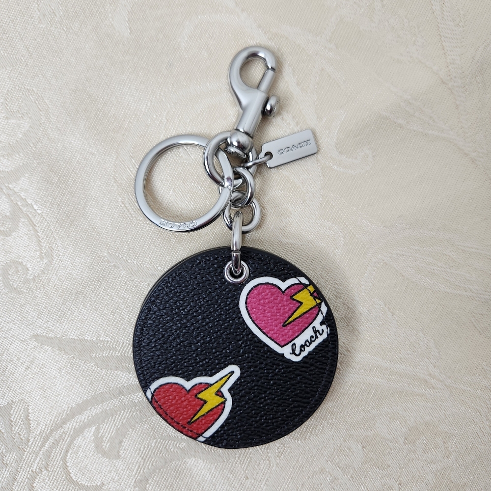 Coach Bag Charm Keychain Pink Heart Lightning Bolt Design